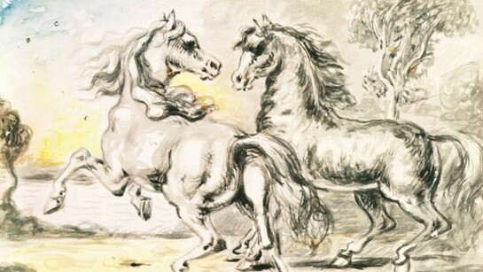 Giorgio de Chirico (1888-1978), Two Horses in a Town, 1950s, Tempera on cardboard, 30 x 40 cm, Private collection