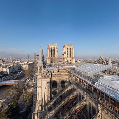 External view of real Notre-Dame during rebuild.  Courtesy of Immigration Museum