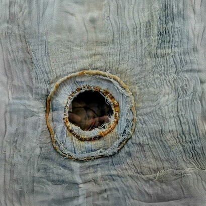 Caroline Mayers, Holes. Indigo-dyed cotton, iron wire, 2025