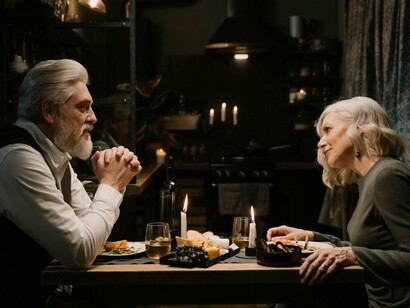An old couple seated together at dinner, their shared glance conveying trust built over decades