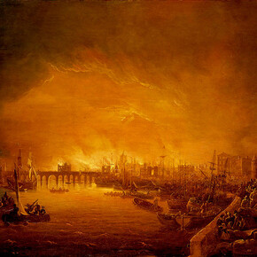 Painting of 'The Fire of London, September 1666', unknown, 17th century, (c) National Maritime Museum, London