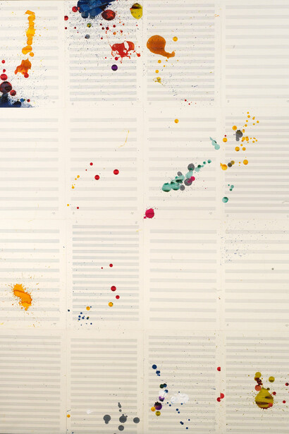 Giuseppe Chiari, Colori, 1974. Mixed media on staff paper on canvas, cm 132 x 115.5 / in 52 x 45.5. Courtesy Tornabuoni Art 