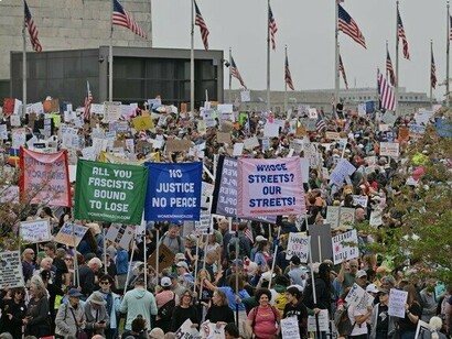 A "Hands Off" rally at the Washington State Capitol in the city of Olympia, Washington