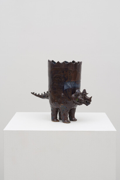 Richard Nam, Celadon Devil Fruit Longneck, 2023, 25 x 10 x 13½ in. Courtesy of the artist and The Pit Gallery