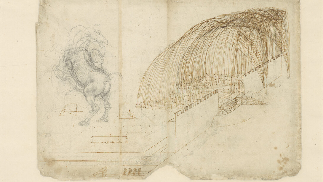 Leonardo da Vinci (1452-1519), Codice Atlantico (Codex Atlanticus), foglio 72 recto. A destra, studio di bombardamento con traiettoria per la caduta delle bombe oltre le mura di una fortezza; a sinistra, disegno preparatorio per la Battaglia di 