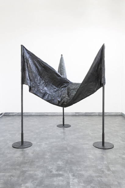 Apparatus 22
INFINITE CONTRADICTION
installation of three joint flags (reused black leather, wooden sticks, steel)
2016
Edition: 3 + 3AP   
