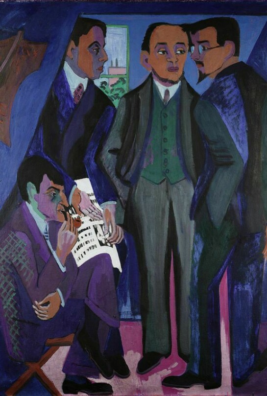 Ernst Ludwig Kirchner (1880-1938), A Group of Artists (The Painters of the Brücke), 1925-26, Oil on canvas, 66 1/8 x 49 5/8 in. (168 x 126 cm), Museum Ludwig, Cologne. Photo: © Rheinisches Bildarchiv Cologne