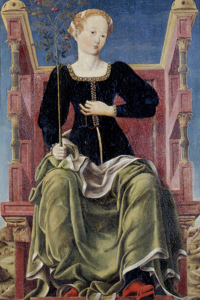 Primo pittore dello studiolo (Angelo Maccagnino?) e Secondo pittore dello studiolo, La musa Erato (?), 1450-1455 ca. e 1456-1458 ca.; tempera su tavola. Ferrara, Pinacoteca Nazionale, foto MIBAC/Polo Museale Emilia Romagna