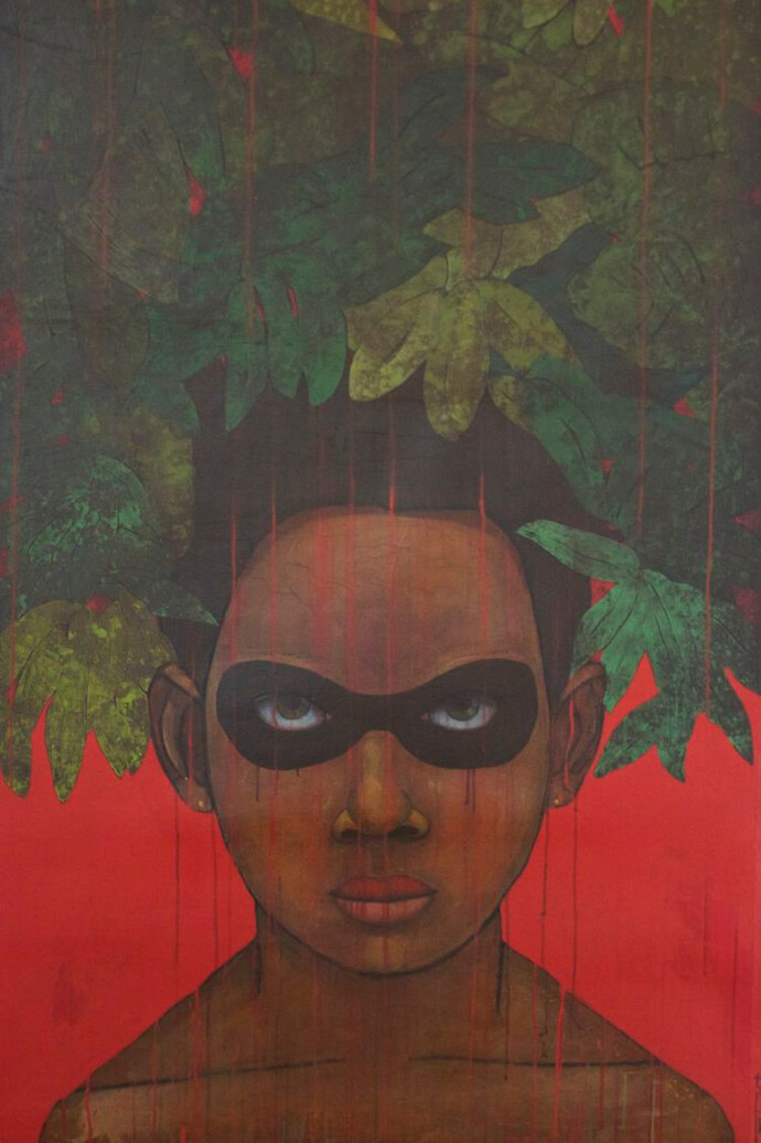 Inés Tolentino, "No me ves pero yo te veo II", 2014, acrílico sobre canvas y papel, 78" x 46"