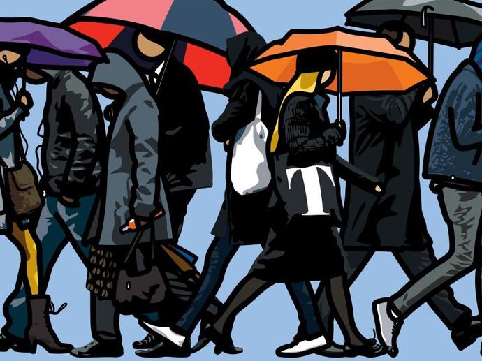 Julian Opie, Walking in the rain. London., 2015, Screenprint on Somerset 600 gsm paper in frames specified by the artist, Paper 150.0 x 219.5 cm/ Image 132.2 x 199.3 cm, Edition of 50, Courtesy Julian Opie and Alan Cristea Gallery, London