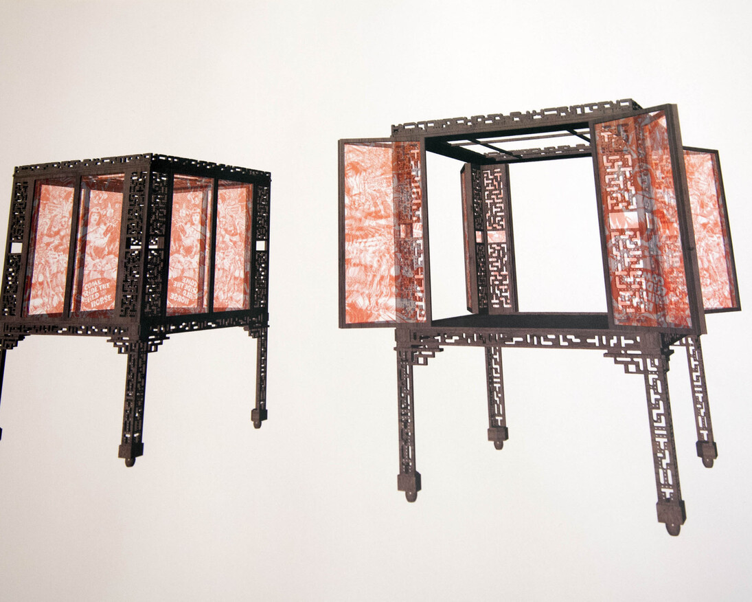 Italo Rota, Legno di rovere affumicato, Seta ricamata, Madreperla e corallo, 110 x 110 x 175 cm, 2017