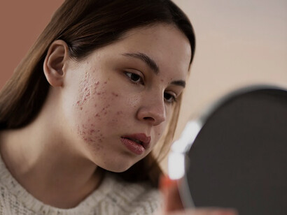 A person dealing with acne, following a skincare routine, with a close-up of their skin texture, reflecting self-care and the experience of acne as a teenager