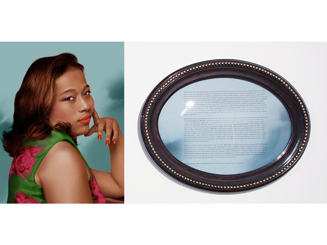 Virginia de Medeiros, meiriele from the series fábula do olhar, 2013, digital photopainting printed on cotton paper, framed text, audio installation. produced in collaboration with mestre júlio santos, variable dimensions