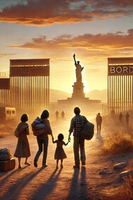 Families crossing into the United States under the shadow of a border wall, symbolizing the challenges and aspirations of migration in pursuit of the American Dream
