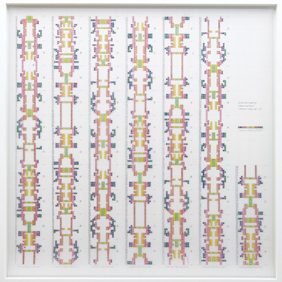 Channa Horwitz, Sonakinatography I Composition XXII, 1991, Plaka on Mylar, framed, 58,6 x 58,2 cm © All rights reserved, Courtesy Estate of Channa Horwitz and Air de Paris, Paris