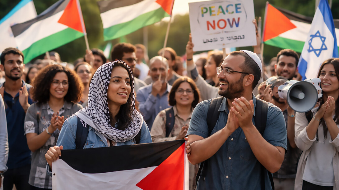A diverse group of Jewish and Palestinian civilians gathers at a peaceful rally, symbolizing grassroots solidarity and the shared pursuit of coexistence and a just future