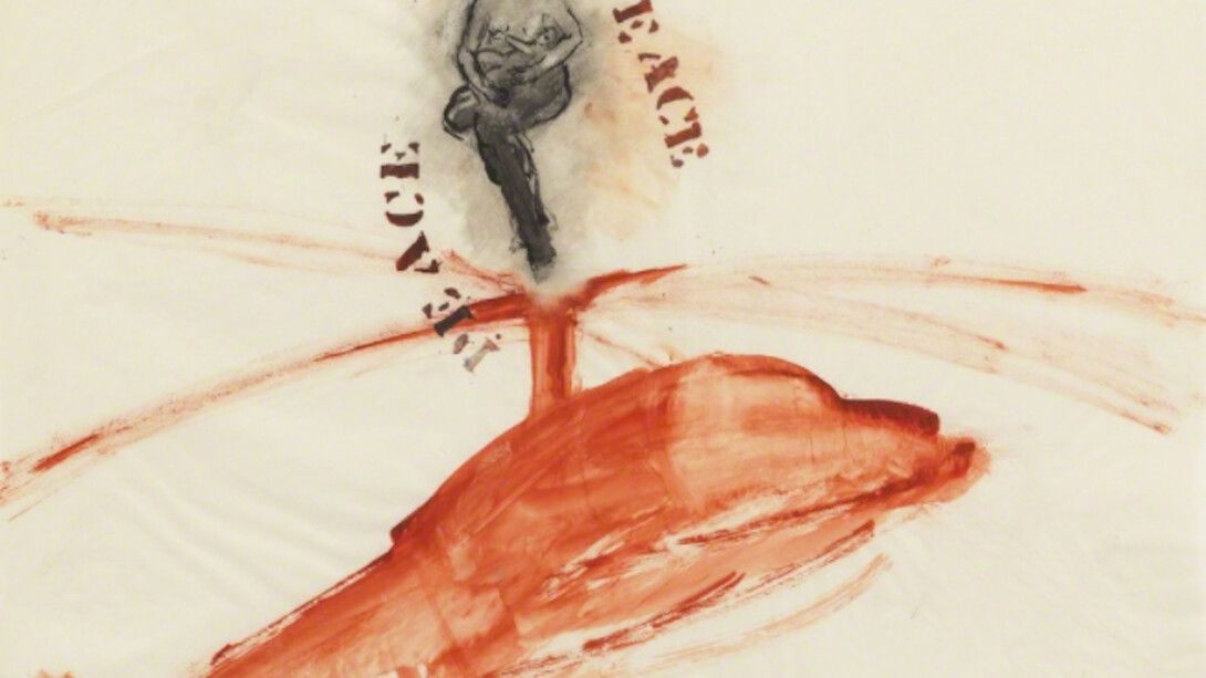 Nancy Spero, P.E.A.C.E., Helicopter, Mother + Children, 1968 Gouache and ink on paper, 24 x 19 inches (61 x 48 cm). Courtesy of Galerie Lelong