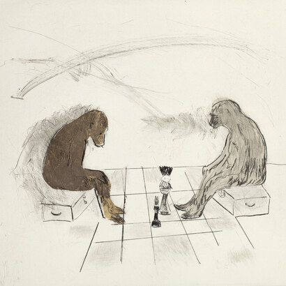 The End Game, Drypoint with tea-stained chine collé

