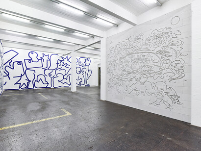 Exhibition view «La fine ligne», with works from Simone Holliger, Linus Bill + Adrien Horni and Simon Paccaud. Photo: Kunst Halle Sankt Gallen, Sebastian Schaub