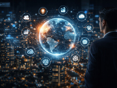 A glowing holographic Earth rests above an outstretched hand, symbolising the integration of technology, policy, and global systems shaping modern innovation