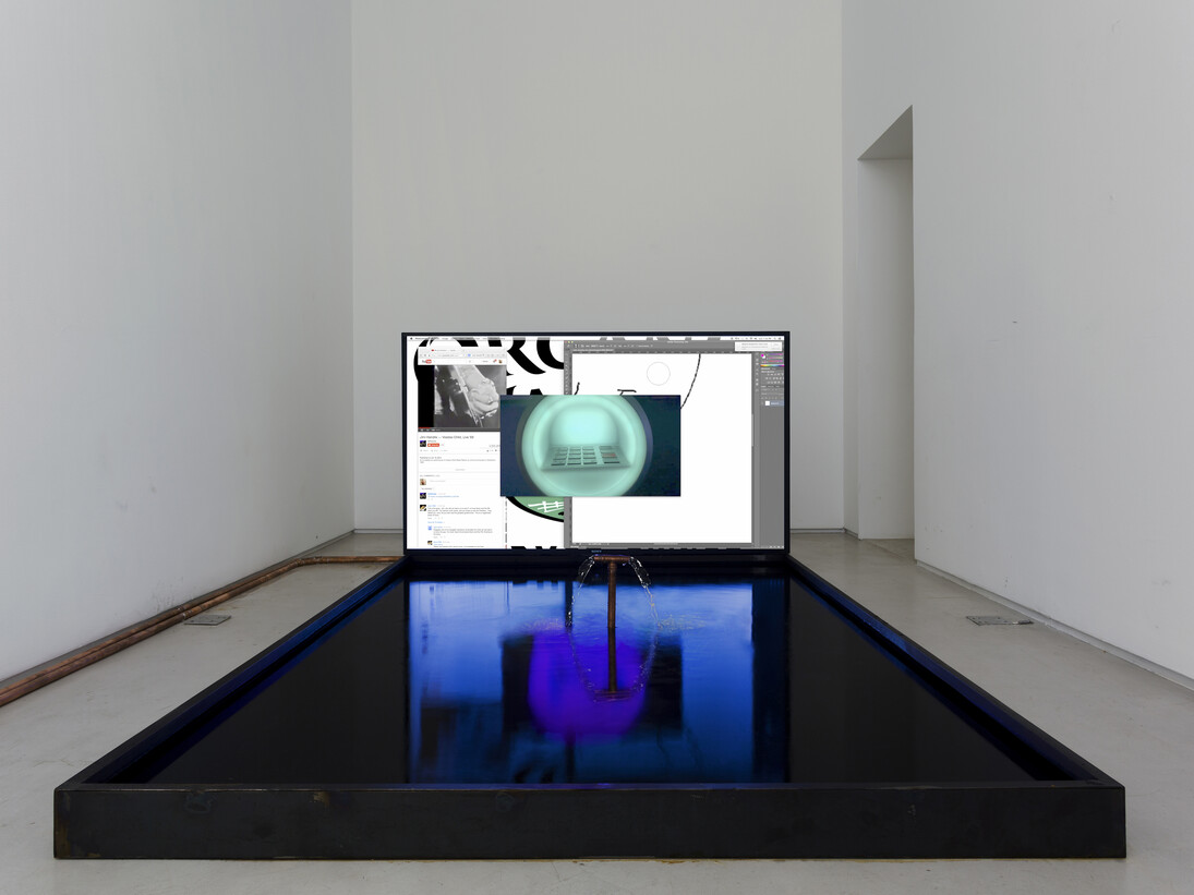 Florian Meisenberg, Being blonde with insufficient funds, 2014, copper tubes, steal strings, metal and plastic fiber, 70 inches television and water, Edition: N/A. Courtesy of Mendes Wood DM, São Paulo