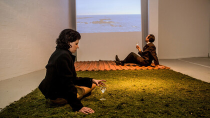 Performance EKSTASEIS NÁUTICAS (Anthem to Europe) by António Lago and Susana Chiocca at Art stabs power: que se vayan todos! at Bermondsey Project, London, curated by Inês Valle. Credit Jeff Hubbard, 2014