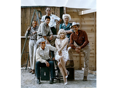 Frank Taylor, Montgomery Clift, Eli Wallach, Arthur Miller, Marilyn Monroe, John Huston and Clark Gable on the set of ‘The Misfits’. Reno, Nevada, 1960 © Elliott Erwitt / Magnum. Image courtesy of Huxley-Parlour Gallery