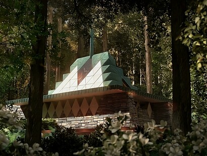 Ilustración digital basada en un diseño no realizado de Frank Lloyd Wright en1952. Animadores e ilustradores de Skyline Ink. Proyecto para la Capilla Rhododendron, Mill Run, Pensilvania, 2023