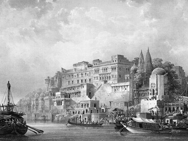 Dusaswumedh Ghat, Benares, a lithograph by the Anglo-Indian scholar and mint assay master James Prinsep. Courtesy of the British Library, London, UK
