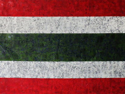 Mit Jai Inn, untitled #2 (Siam Republic flag), 2015, oil on canvas, wall mount, 73.6 x 110.2 inches/187 x 280 cm
Photo courtesy of Sundaram Tagore Gallery
