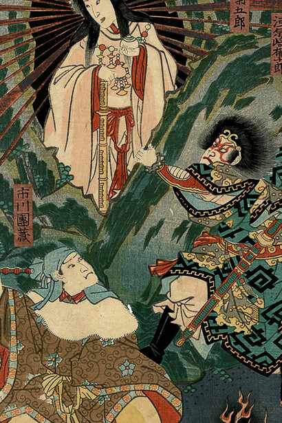 Segundo panel del tríptico "Origen de la danza Iwato Kagura", Utagawa Kunisada, 1856