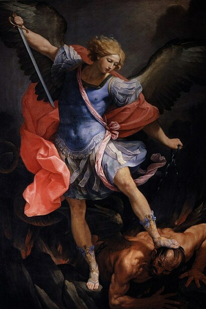 The Archangel Michael wears a Roman military cloak and cuirass in this 17th-century depiction by Guido Reni
