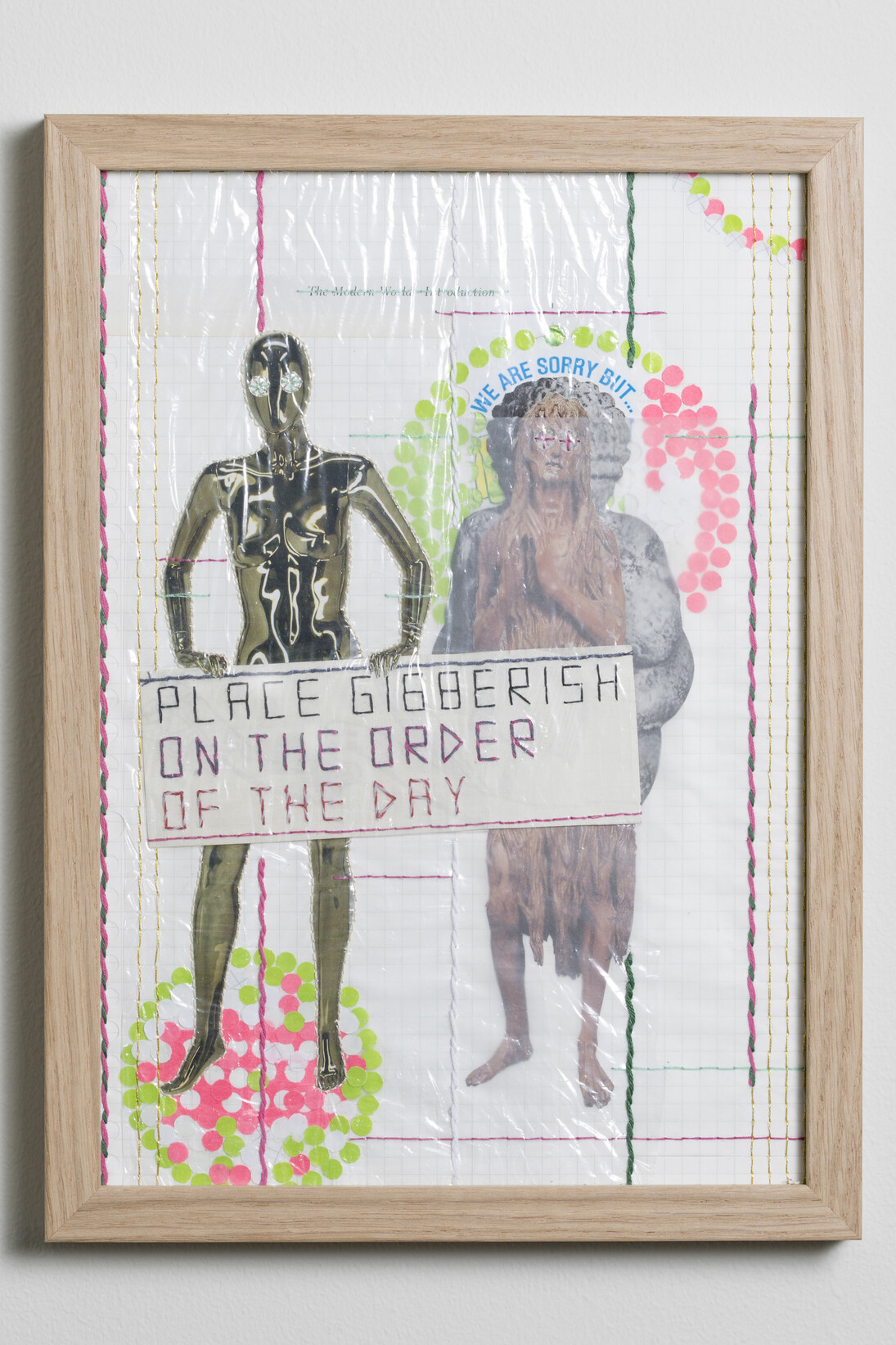 Matt Damhave, Untitled (Place Gibberish On The Order Of The Day), 2018 Paper, glue, thread, ink, plastic, images from publications 29,7 x 21 cm. Courtesy of V1 Gallery and the photographer Jan Søndergaard 