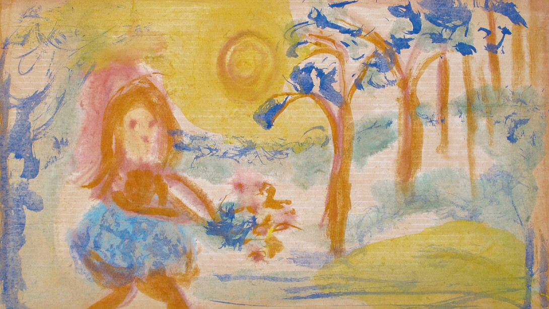 Sybil Gibson, Landscape with Girl and Flowers, 1970-1979, Tempera on cardboard, 23 x 31.5 inches; 58.4 x 80 cm