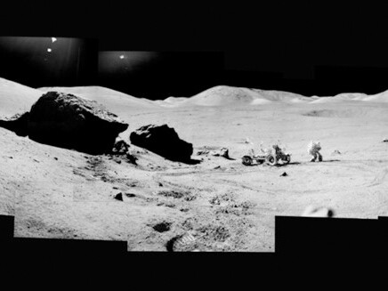 Michael Light, Composite of Eugene Cernan and the Lunar Rover At "Split Rock"; Photographed by Harrison Schmitt, Apollo 17, December 7-19, 1972, 1972, Digital C-Print, 48 × 96 in, 121.9 × 243.8 cm, detail
