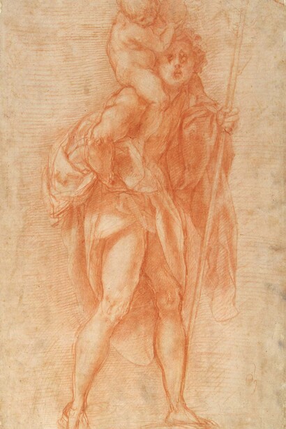 Obra: San Cristoforo (1519-1522), piedra roja y trazos de tiza sobre papel verjurado de marfil