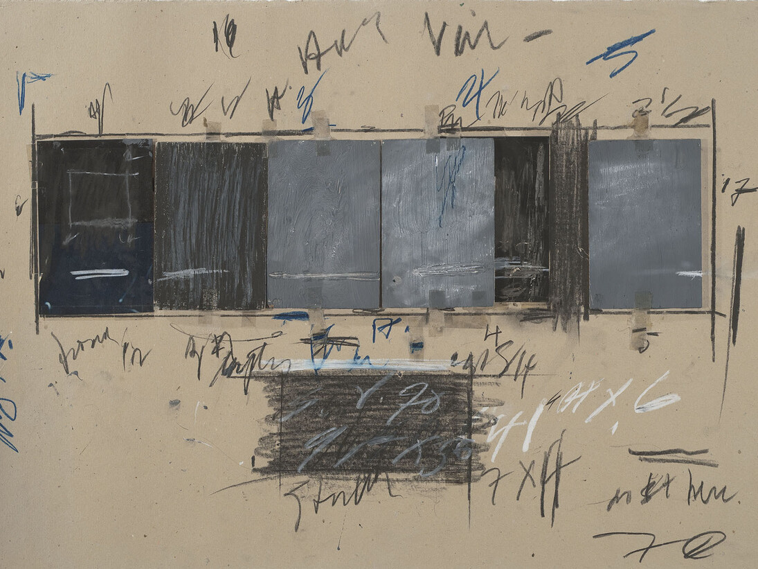 Cy Twombly, Untitled, 1970, Graphite pencil, colored pencil, oil, crayon, tape, printed and photographic paper, and plywood on cardboard. The Menil Collection, Houston; Gift of the artist. Photography by Paul Hester ©Cy Twombly Foundation