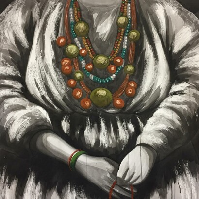Portrait at the necklace 2, Mixed media on paper, Courtesy Emilie Bazus et Laure Roynette Gallery