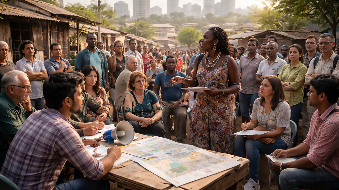 A community-led meeting in an urban neighborhood, where citizens, activists, and local stakeholders come together to discuss development priorities, reflecting the growing role of civil society in shaping sustainable change