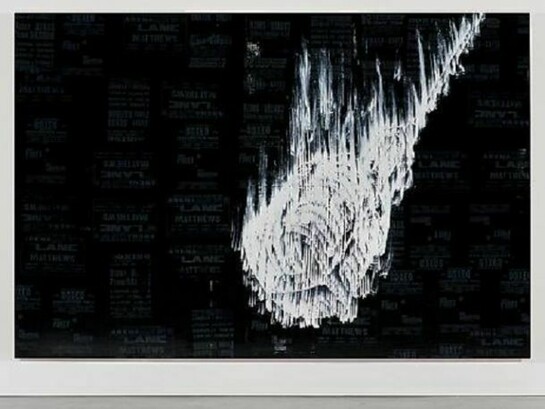 Gary Simmons, Big Mic, 2013, Enamel and charcoal on paper, 96 x 144 1/4 x 3 1/8 inches (243.8 x 366.4 x 7.9 cm)