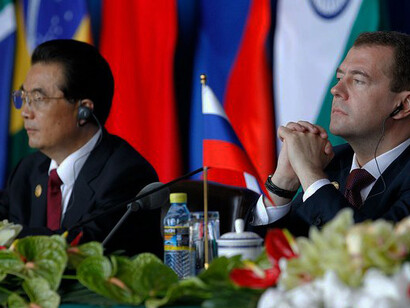 Dmitry Medvedev, in China on April 14, 2011, held press statements alongside Chinese President Hu Jintao following the BRICS summit
