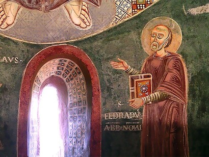 Ciclo della vita di Sant'Eldrado, qui alla base dell'affresco che ritrae il Cristo Pantocratore assieme a san Nicola. Cappella di San Eldrado, abbazia dei Santi Pietro e Andrea, meglio nota come abbazia di (o della) Novalesa, Italia