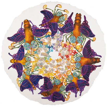 Brian Michael Reed, Butterfly Swirls, 2021, watercolor on handmade paper, 42x42 inches. Courtesy the artist and Helwaser Gallery