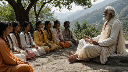 A guru instructing his disciples in a serene mountainous setting