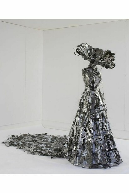 Lesley Dill, Dress of Opening and Close of Being, 2008, Steel, metal foil, organza, thread, wire, 80 x 96 x 60 inches, Courtesy of the artist and George Adams Gallery, New York