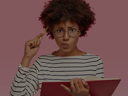 Confused indecisive woman, curly hair, scratches head with pencil, dressed in striped sweater, purses lips