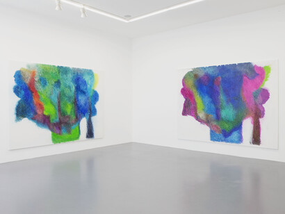 View of the exhibition Peter Zimmermann “sur le motif”, Galerie Perrotin, Paris, June 12 - July 26, 2014. From left to right: "etretat (one)" 2014, Oil on canvas, 230 x 310 cm / 90 1/2 x 122 1/16 inches & "etretat (two)" 2014, Oil on canvas, 230 x 310 cm / 90 1/2 x 122 1/16 inches, Photo : Claire Dorn, Courtesy Galerie Perrotin