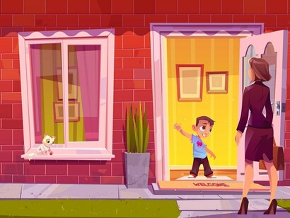 A boy greets his mother at the door of a cottage house, beautifully decorated for the Easter holiday with a basket of eggs and a flower wreath or bouquet, creating a home setting reminiscent of an online game