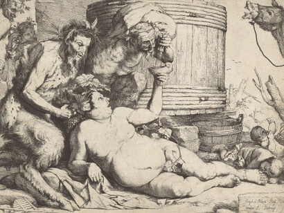 In Greek mythology, Silenus was the son of Pan, guardian of the young Bacchus and steady companion in his entourage. In Renaissance art he is usually depicted as an older human figure inebriated and mocked by satyrs, and thus a comical emblem of what happens when man surrenders reason to the senses. In René Boyvin’s earlier interpretation of a similar subject, hanging on this wall, Bacchus is an idealized figure, impaired but imposing. A half-century later, with a naturalism as accurate as it is funny, Ribera presents Silenus as a sloppy drunk, plied by satyrs and ridiculed even by a donkey. Jusepe de Ribera, The Drunken Silenus, 1628, etching and engraving, Patrons' Permanent Fund, 2004

 