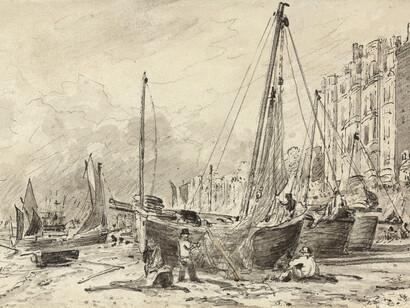 Beached Fishing Boats, Mending Nets, Brighton, Looking West c. 1824 - Pencil, pen and ink, with grey and ochre wash on Whatman paper, 11.4 x 18.1 cm - Not in Reynolds Private collection
(Christie’s 2016)